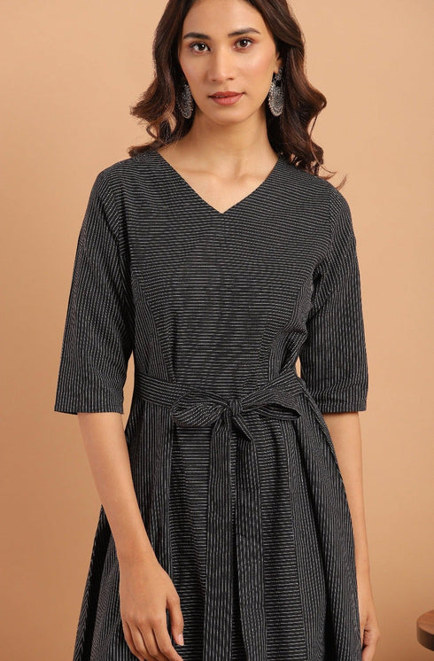 Black Cotton Striped Flared Western Dress